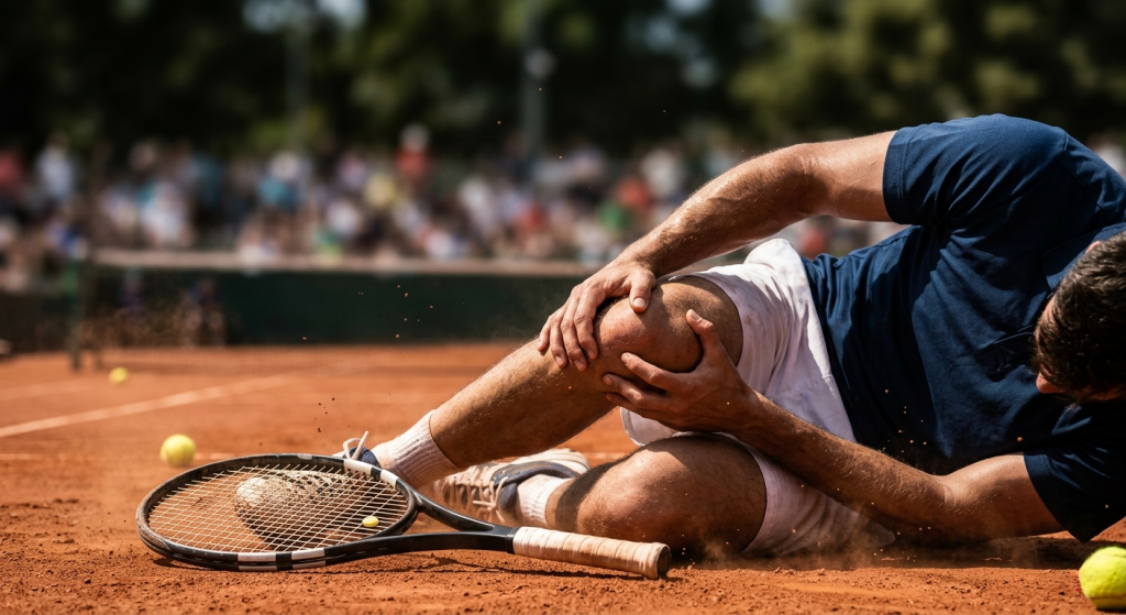 Tennisspieler liegt verletzt am Boden und greift zum Knie